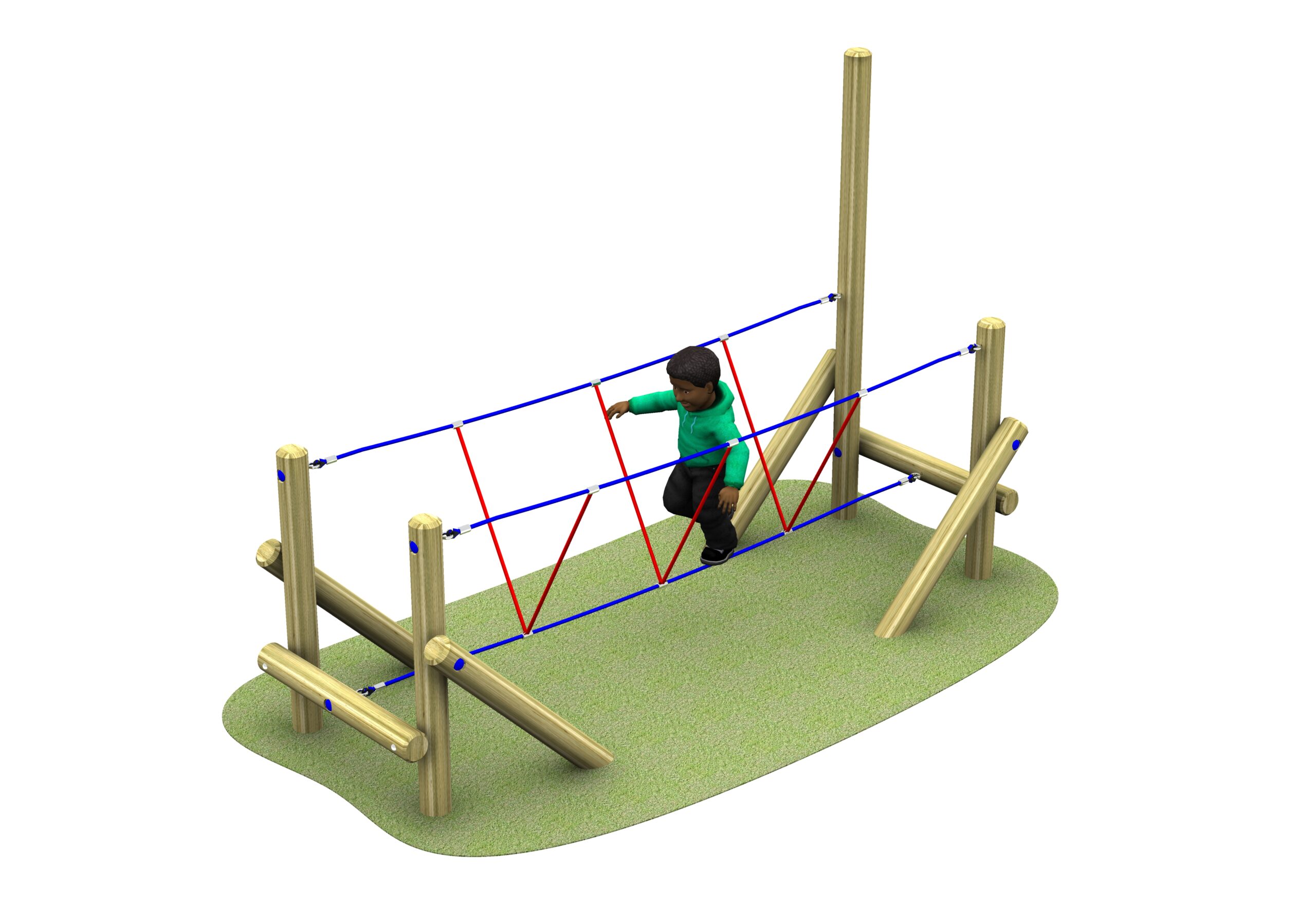 Child crossing a wooden and rope playground bridge structure adjoining a Burma Bridge on a green mat, with red and blue ropes forming a zigzag path.