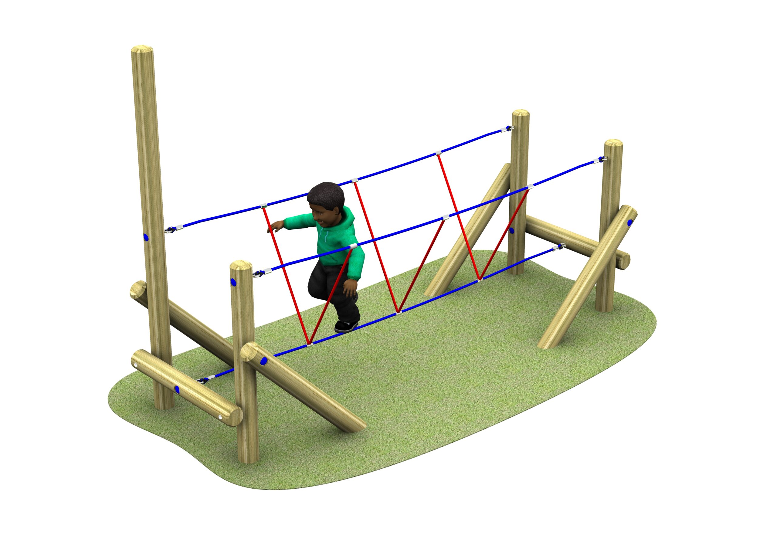 A child walks across a rope bridge on a playground structure with wooden poles, a grass-like base, and an adjoining Burma Bridge (Right Hand) for added adventure.