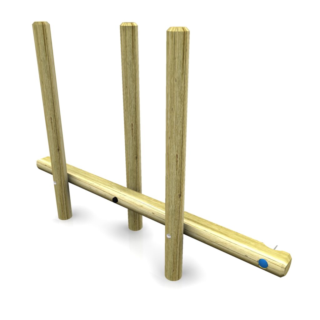 Three vertical wooden poles are attached to an adjoining horizontal beam, each marked with coloured circular markers, reminiscent of a Balance Weaver’s careful arrangement, all set against a white background.