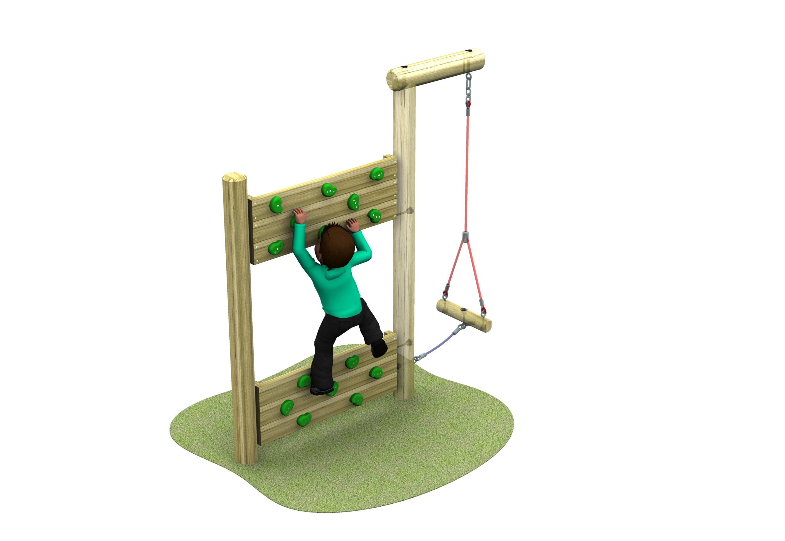 A child climbs a wooden wall with green handholds on a playground, next to an adjoining bouldering wall and a suspended wooden swing, all set on a grassy patch.