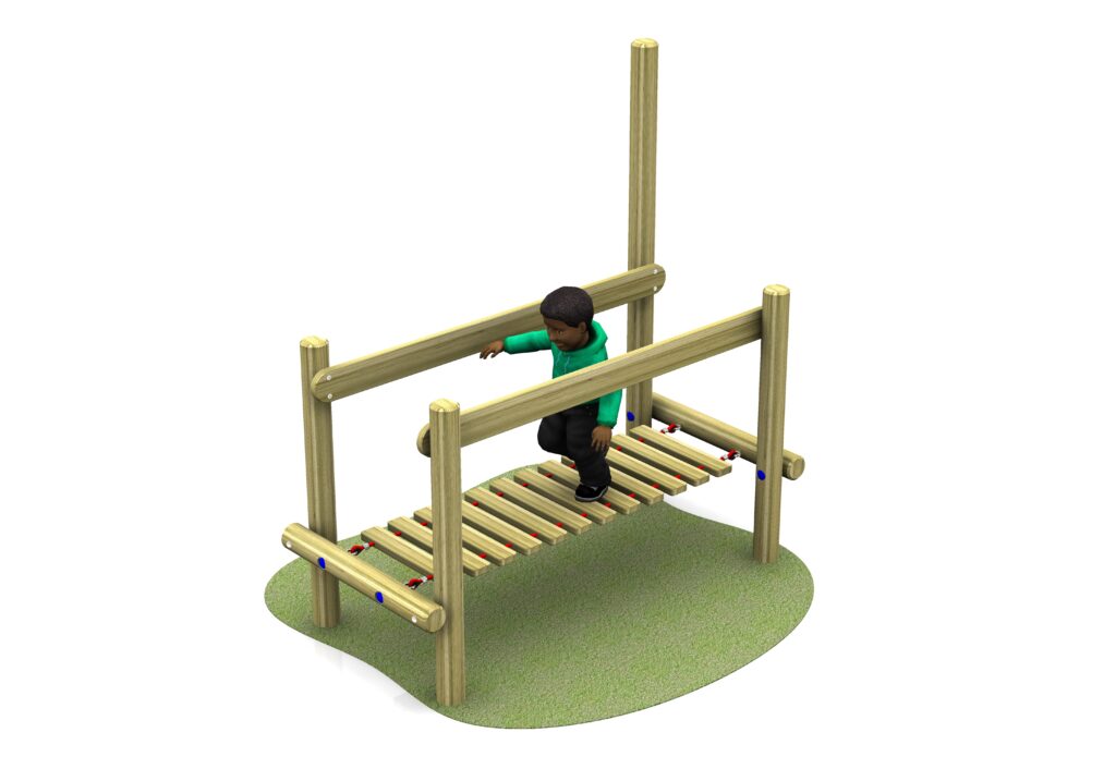 A child walks across an adjoining clatter bridge (left hand) on a wooden playground structure with vertical and horizontal support beams, set on a patch of green ground.