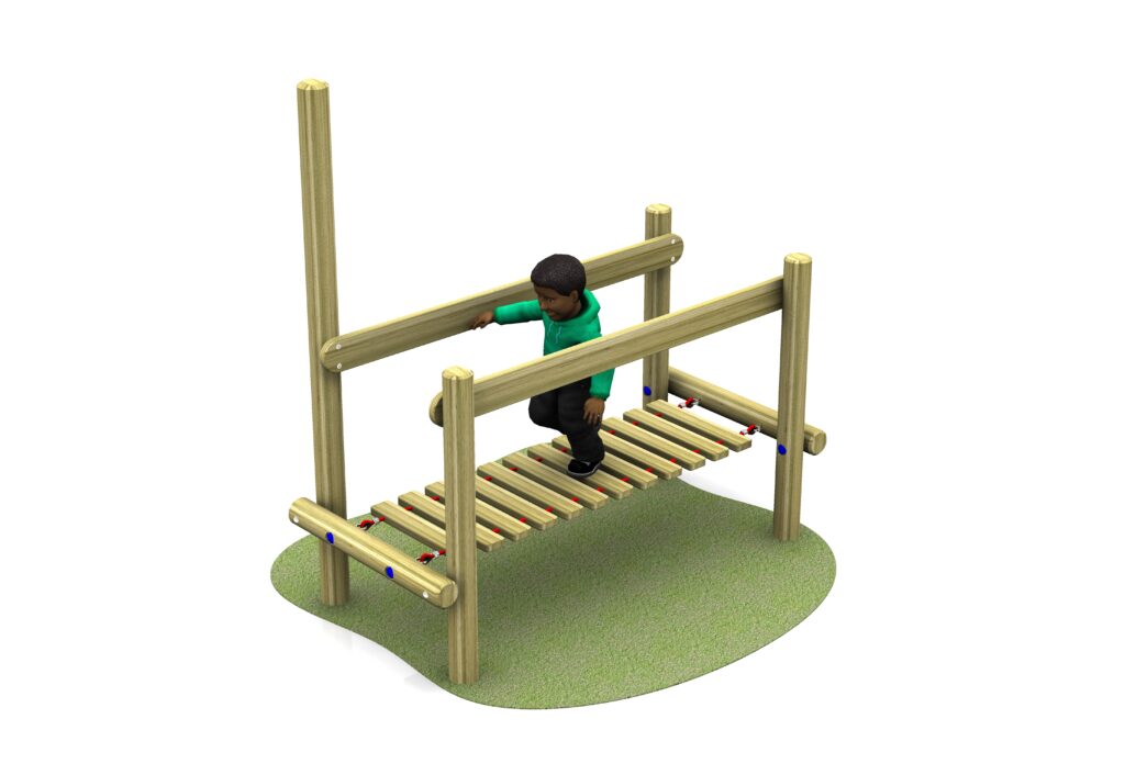 A child in a green shirt walks across an adjoining clatter bridge (right hand) on a wooden playground structure, set on a patch of green ground.