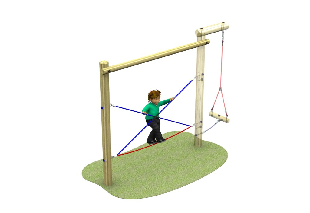 A child in a green shirt balances on an adjoining crossed rope walk play structure with wooden posts, blue and red ropes, and a grassy base.
