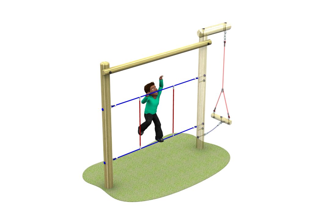 A child in a green shirt and black trousers climbs on the Rope Walk of an adjoining H-shaped playground structure over a patch of green ground.