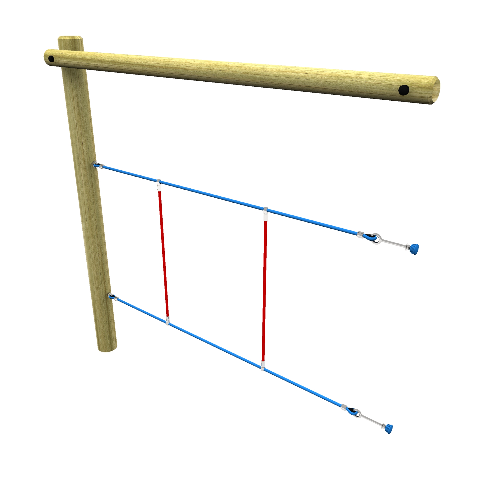 A wooden frame with a horizontal beam supports an Adjoining H - Rope Walk climbing structure, featuring two red vertical ropes and two blue diagonal ropes, all anchored securely at both ends.