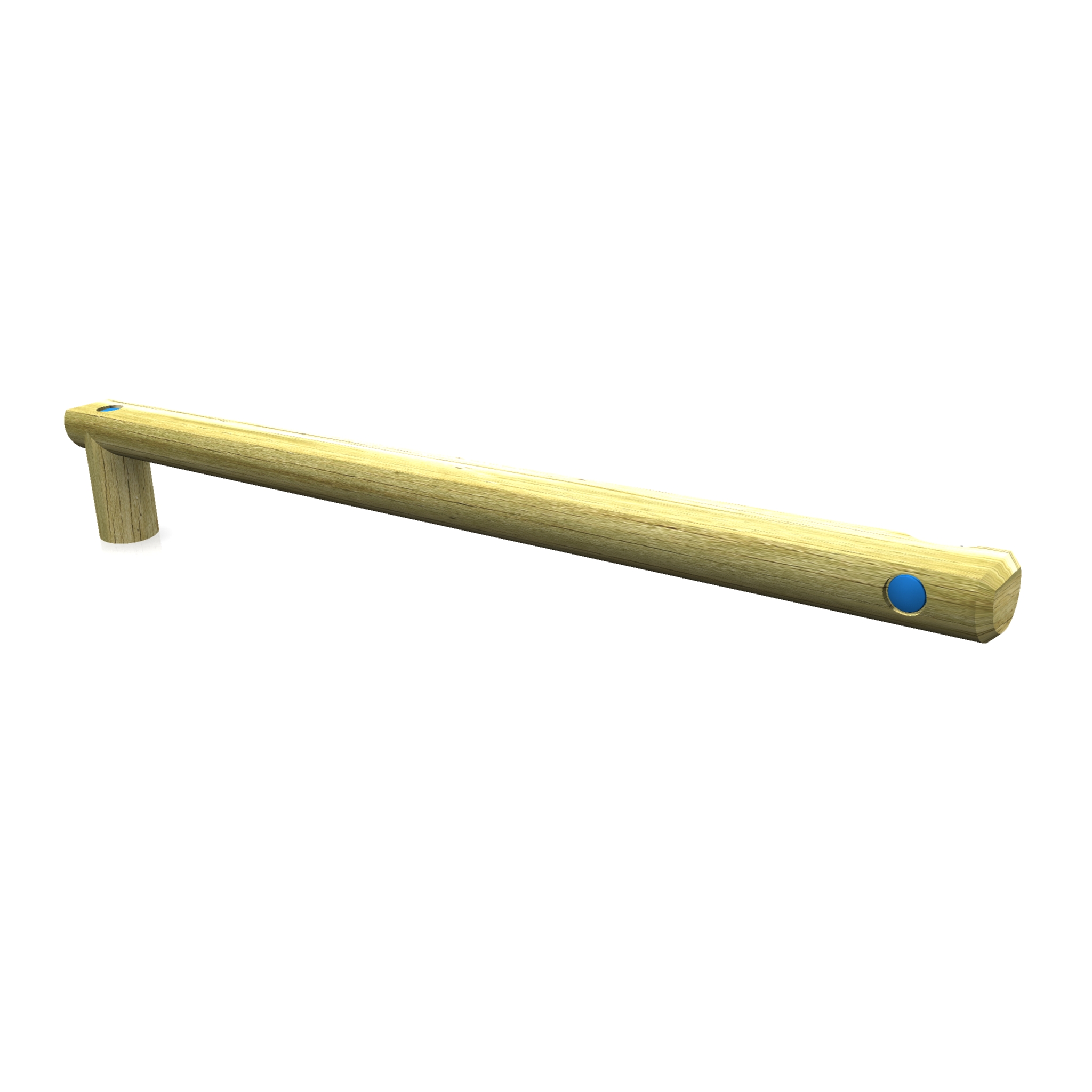 A wooden Adjoining Inclined Balance Beam features a cylindrical support at one end and a blue circular marking on the side.