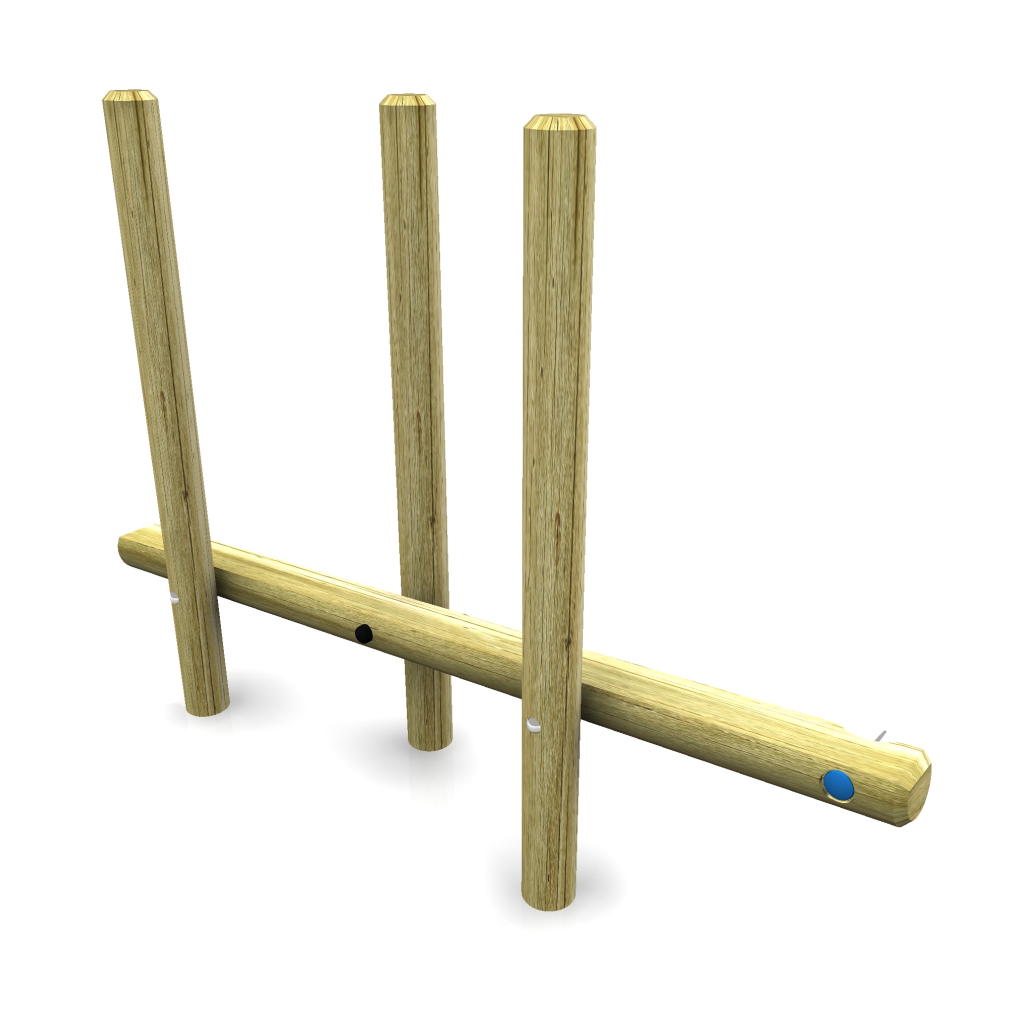 Three vertical wooden posts are attached to an adjoining horizontal wooden beam with coloured markers on the ends.