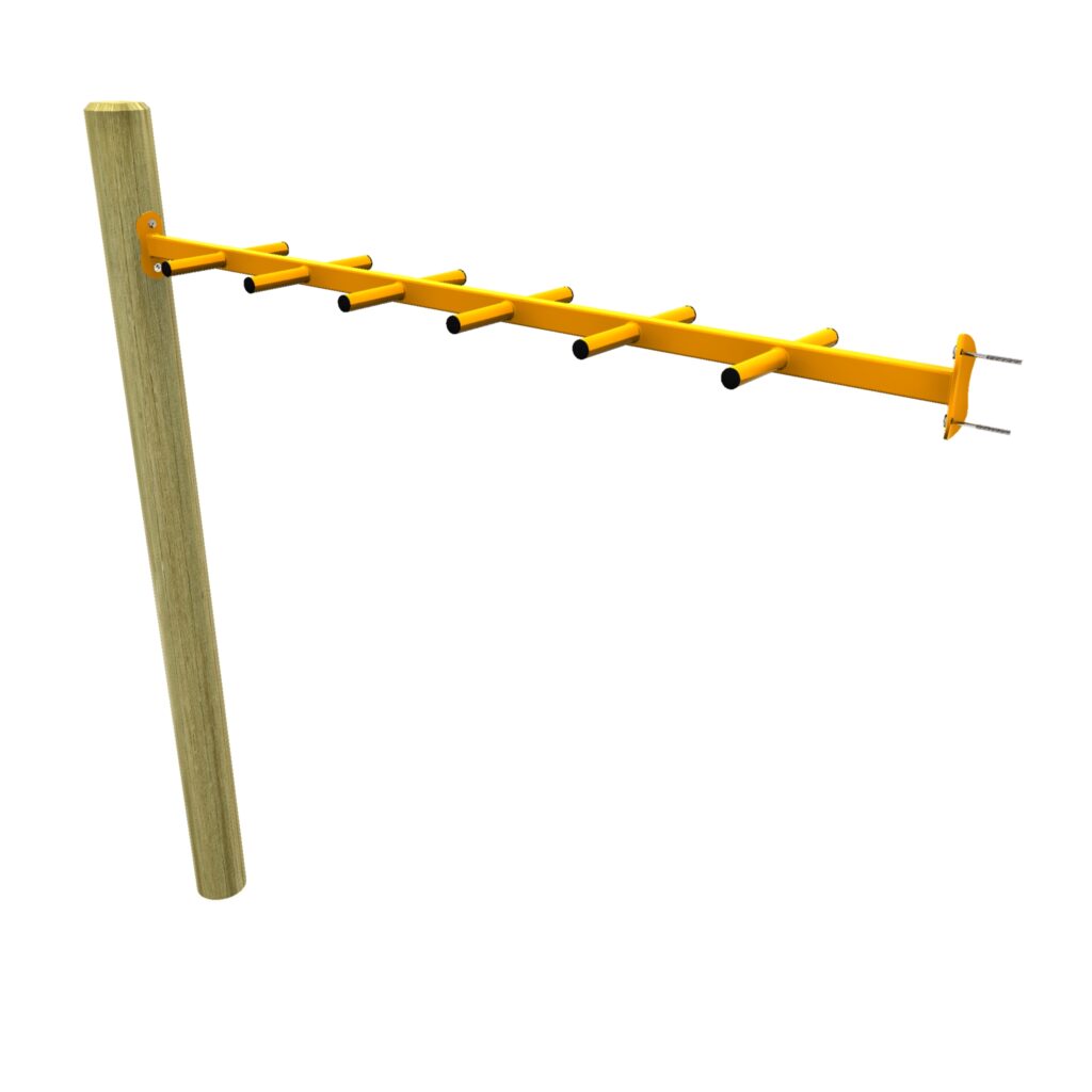 Yellow outdoor climbing ladder attached to a wooden post, extending horizontally with evenly spaced rungs and adjoining monkey bars for extra fun and adventure.