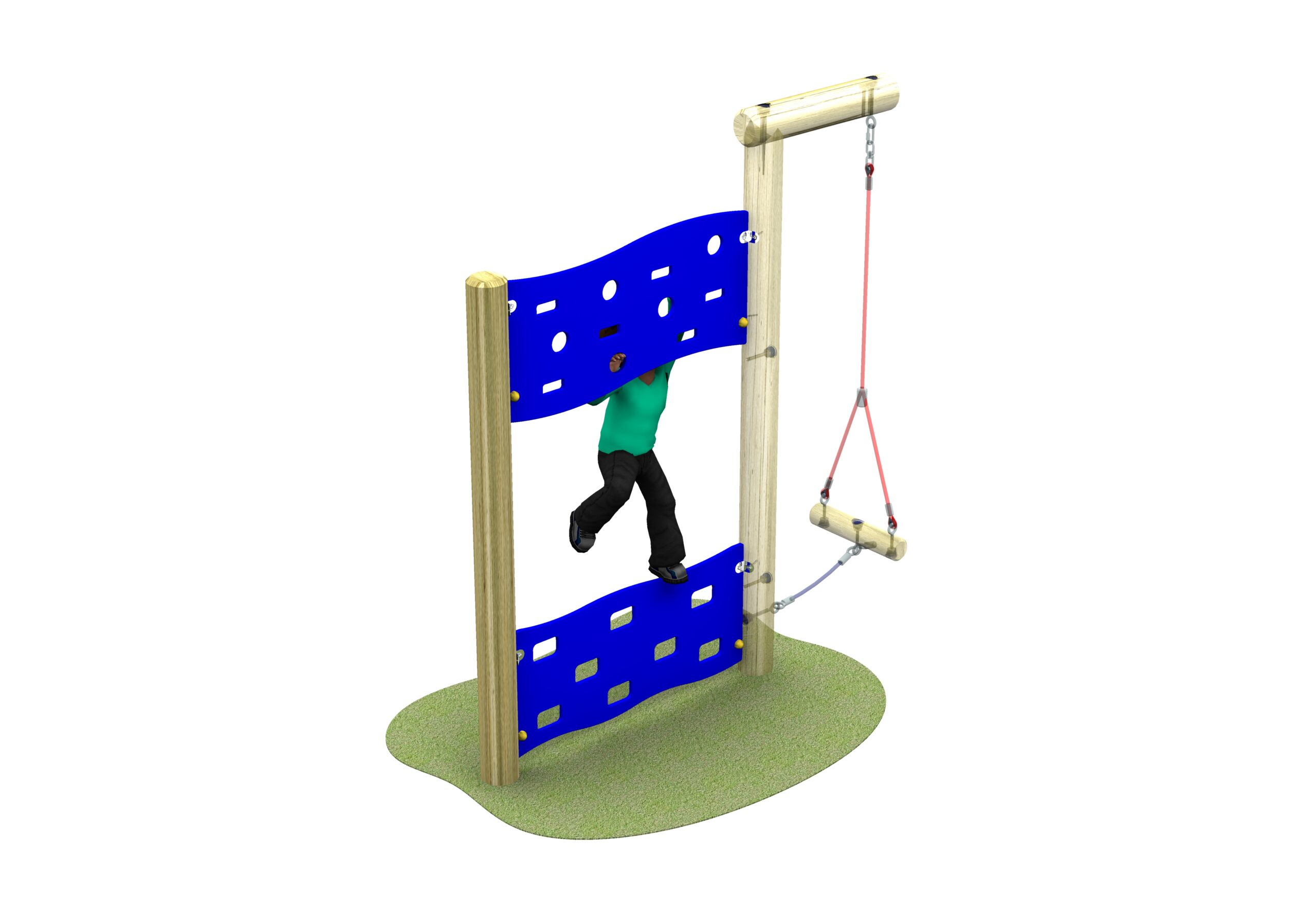 A child climbs through a blue panel with holes on an adjoining Pathfinder playground structure whilst a rope swing hangs nearby.