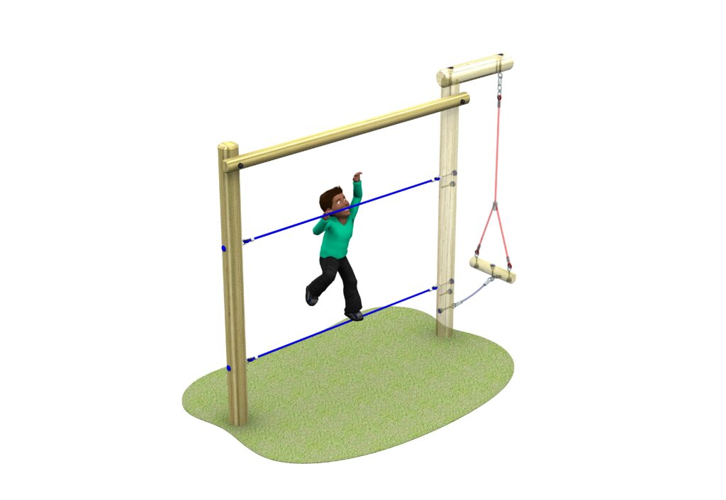 A child balances on an adjoining parallel rope walk bridge, holding the upper rope for support, with a wooden swing hanging nearby.
