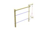 A simple wooden swing set frame with two vertical posts, a horizontal top bar, blue support lines, and a swing seat suspended by red ropes on the right side, next to an adjoining Parallel Rope Walk for added adventure.