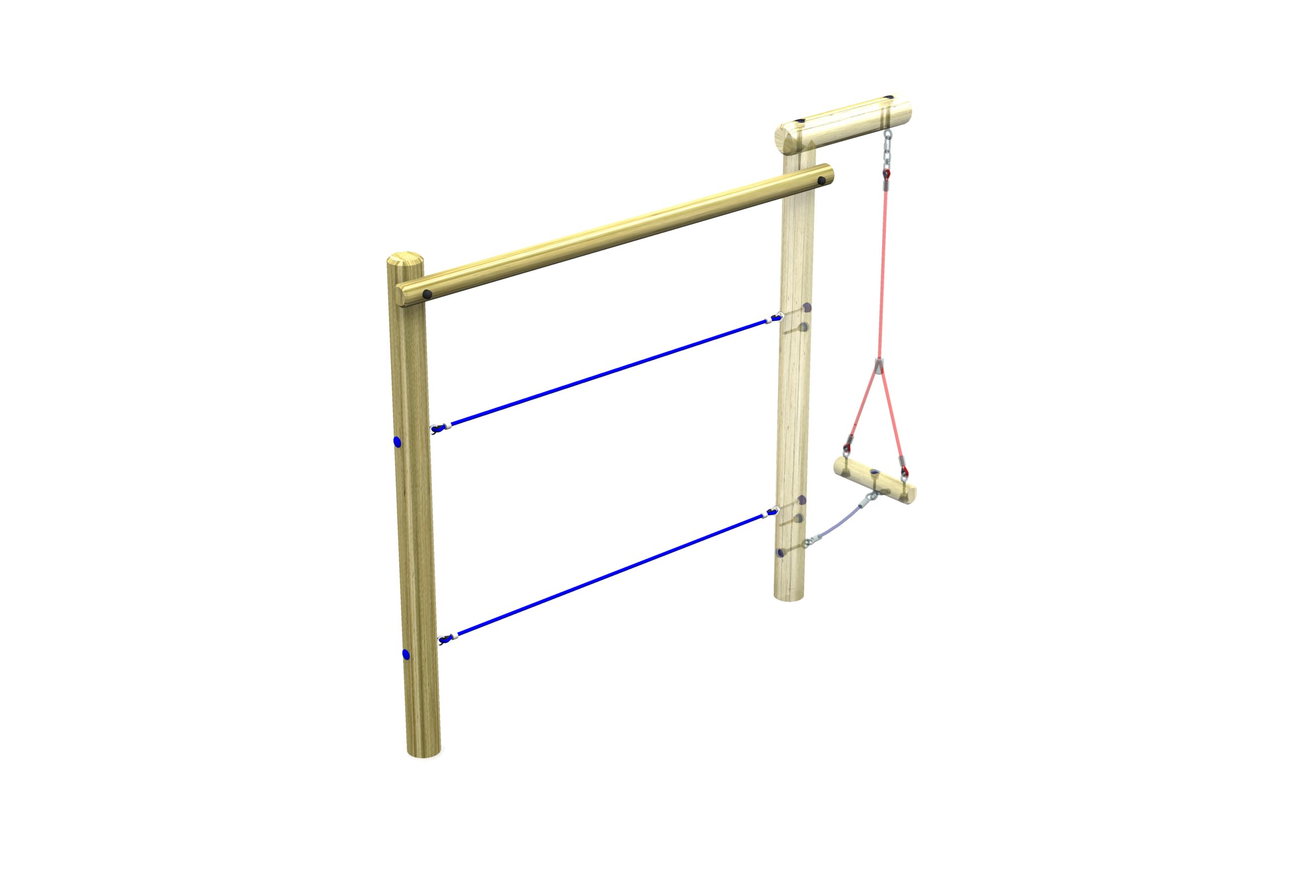 A simple wooden swing set frame with two vertical posts, a horizontal top bar, blue support lines, and a swing seat suspended by red ropes on the right side, next to an adjoining Parallel Rope Walk for added adventure.