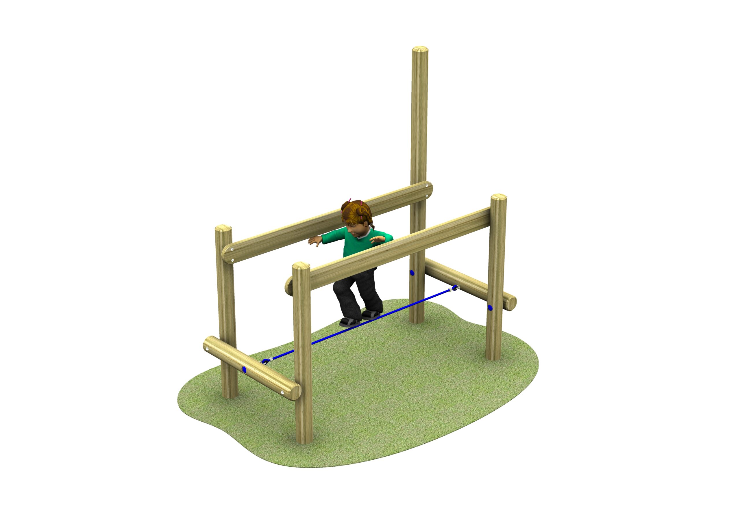 A child navigates a wooden balance beam structure with horizontal logs and posts on a small patch of grass, beside an adjoining Rope Crossing Bridge (Left Hand Side).