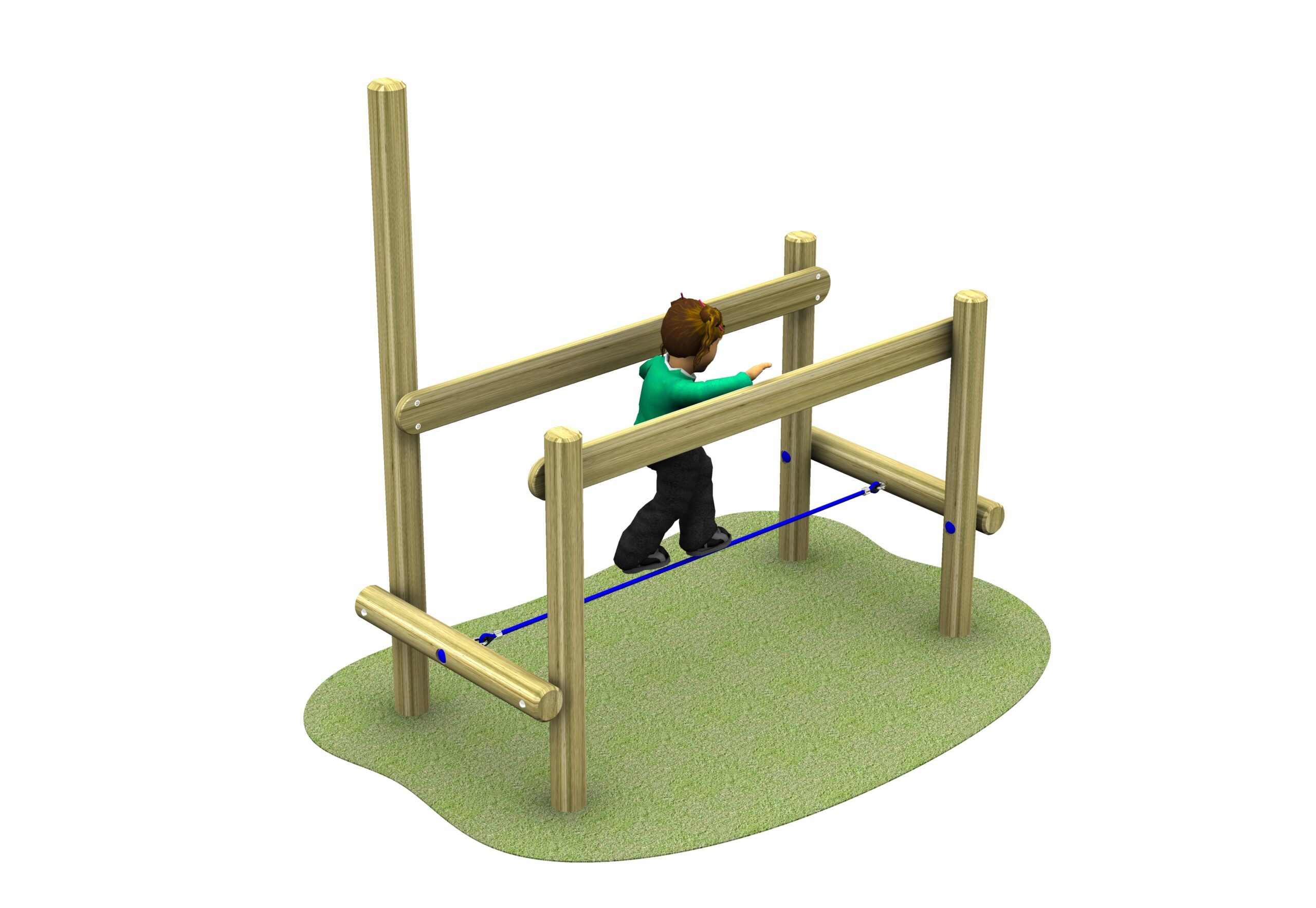 A child climbs on a wooden playground structure with horizontal bars and an adjoining Rope Crossing Bridge (Right Hand), set on a patch of green ground against a white background.