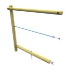 A wooden corner structure with two horizontal poles, a blue taut wire connecting them, and metal fittings attached to the bottom pole serves as part of the adjoining Rock & Roll Log Walk.