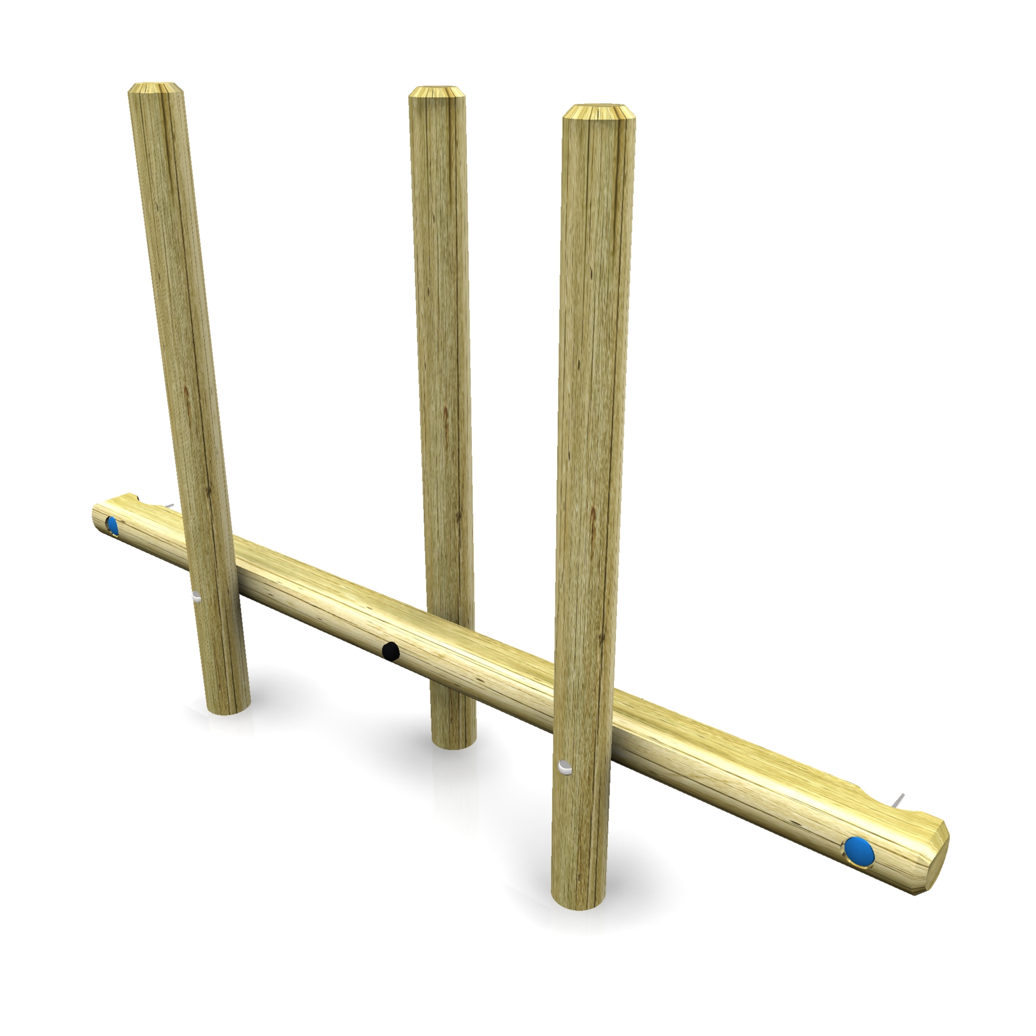Four vertical wooden posts attached to a horizontal wooden beam with metal bolts, shown on a white background. This setup resembles the sturdy design of the Link Balance Weaver 1800.