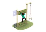 A child climbs a wooden Link Bouldering Wall with green holds on a patch of artificial grass, whilst a swing hangs nearby.
