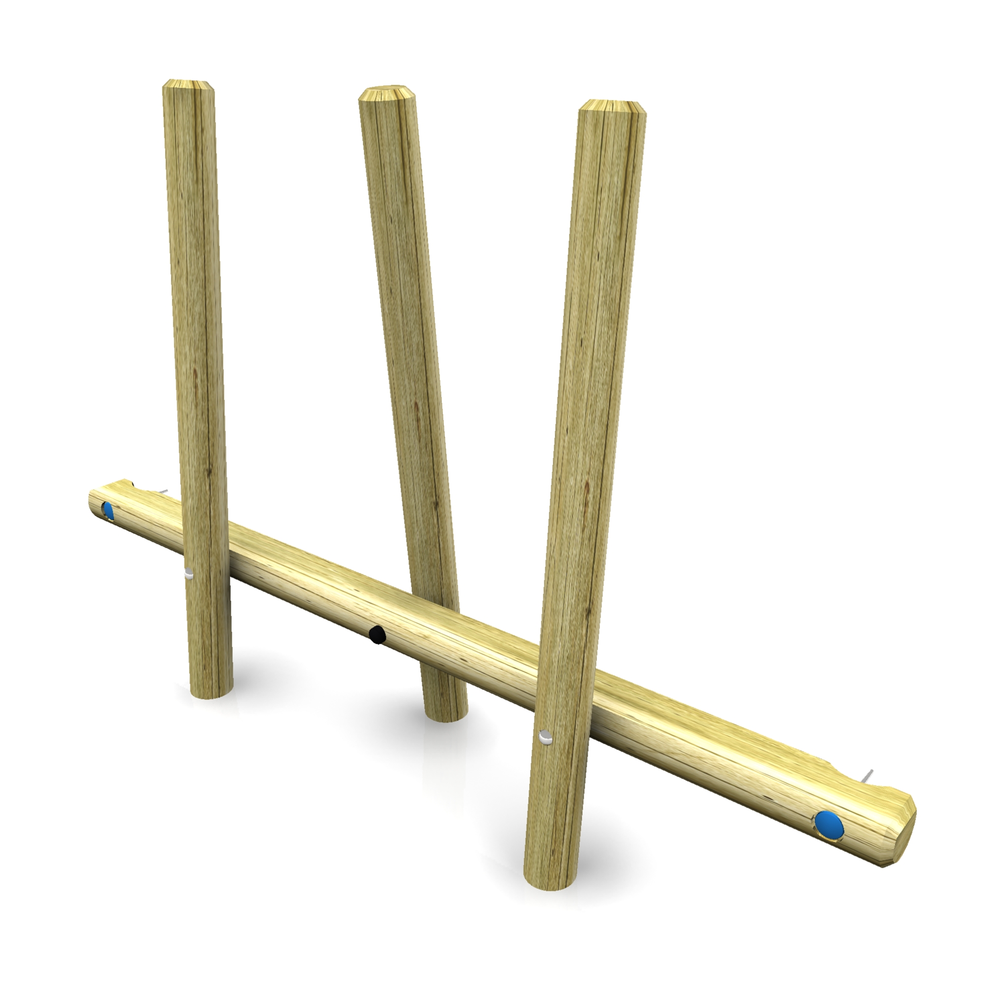 Three vertical wooden posts are attached at an angle to a horizontal wooden beam, creating a subtle balance against a white background.