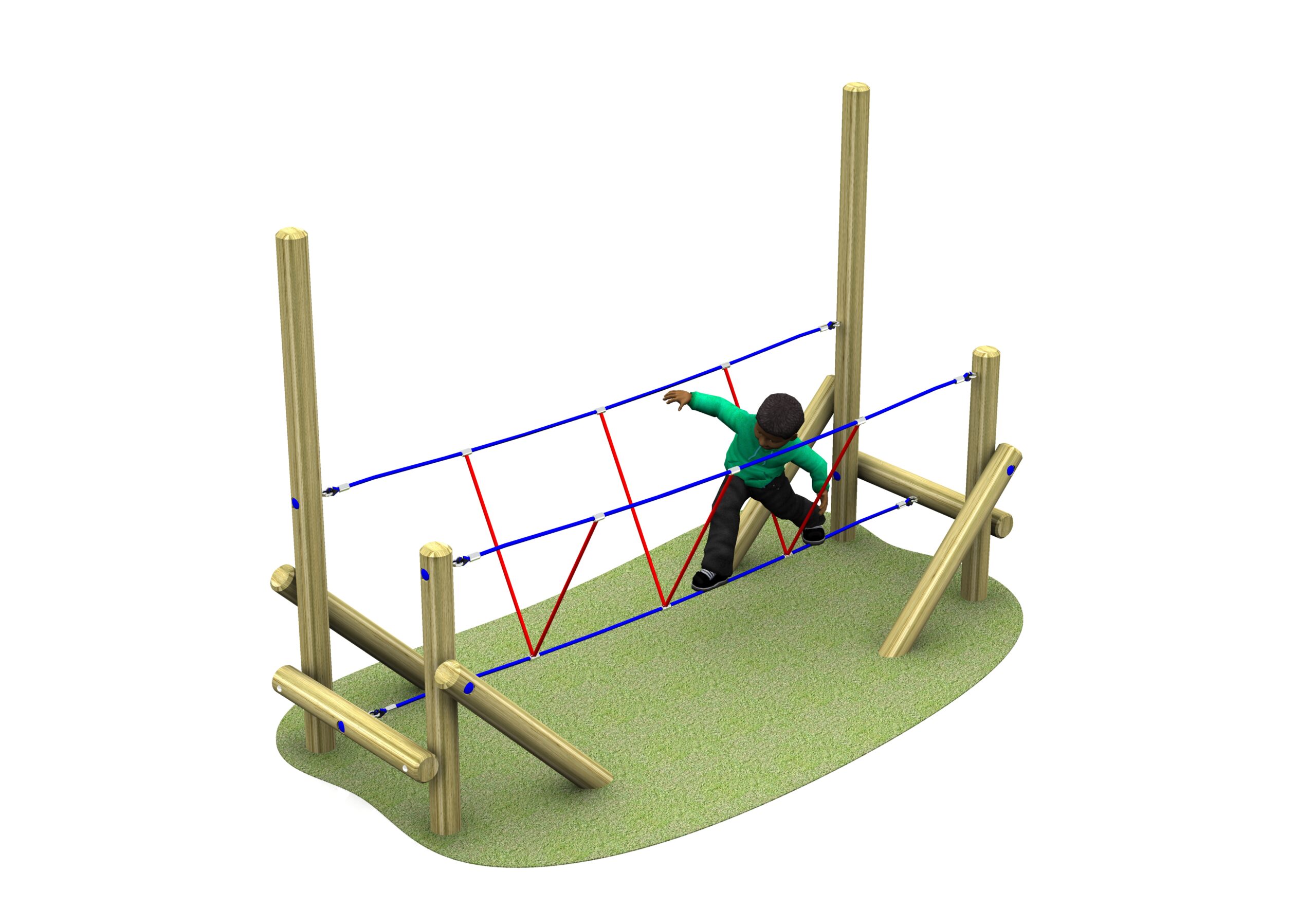 A child in a green shirt balances on a Link Burma Bridge structure made of wooden posts and coloured ropes over a patch of artificial grass.