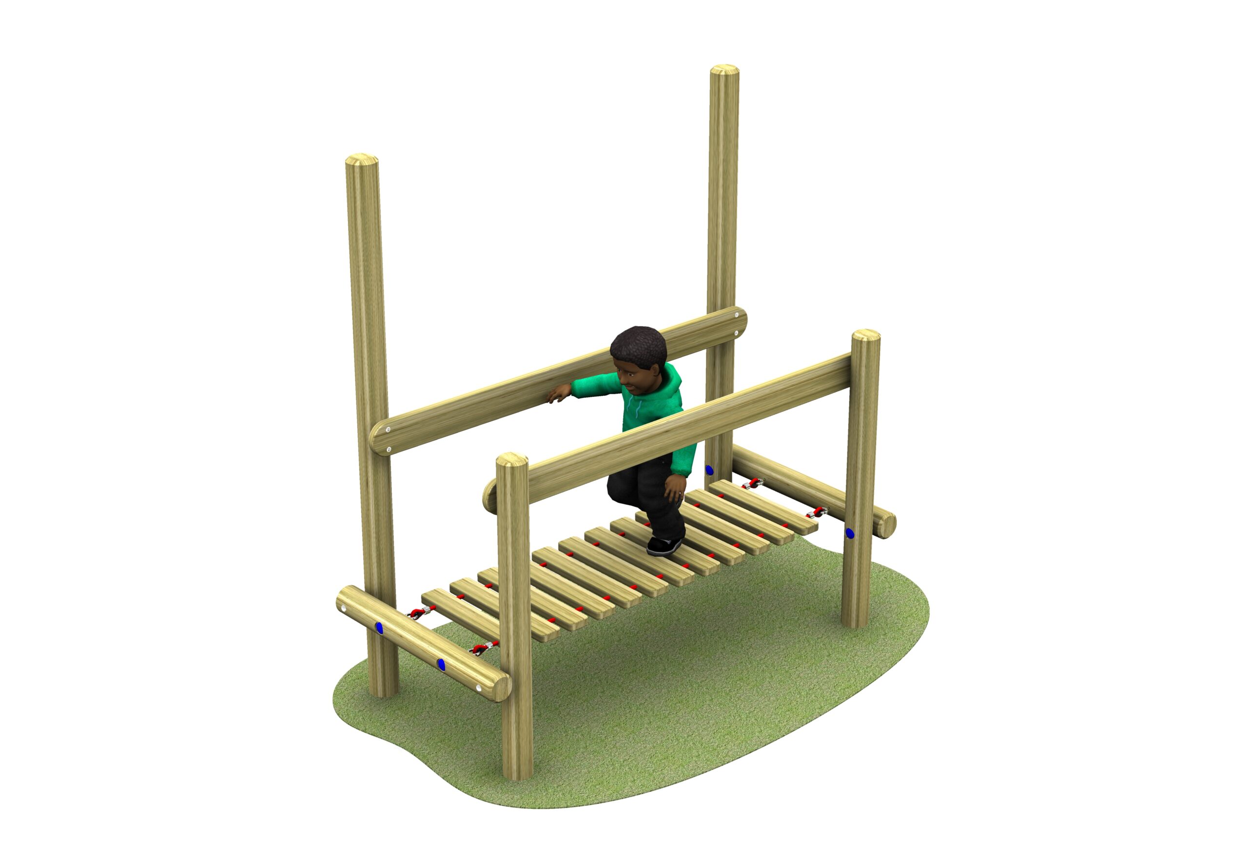 A child crosses a wooden Link Clatter Bridge playground structure, holding onto a horizontal support bar for balance, on a patch of artificial grass.