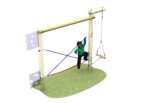 A child climbing on a playground structure with wooden posts, ropes, and a hanging balance beam navigates the Link Crossed Rope Walk on a grass-like surface.