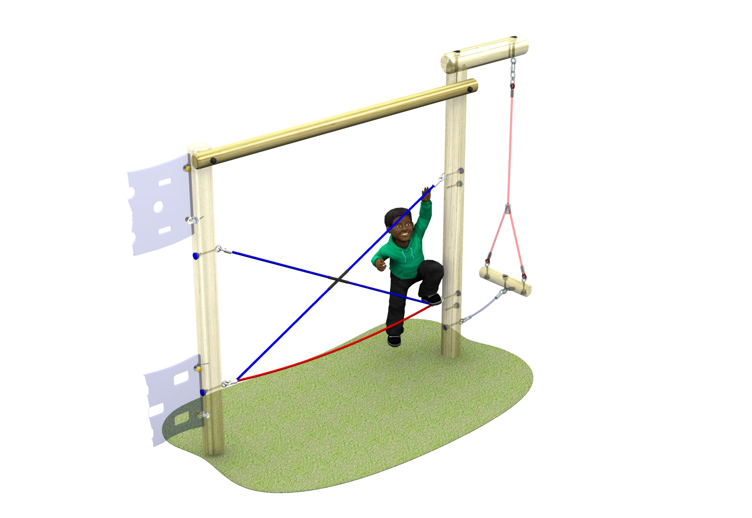 A child climbing on a playground structure with wooden posts, ropes, and a hanging balance beam navigates the Link Crossed Rope Walk on a grass-like surface.