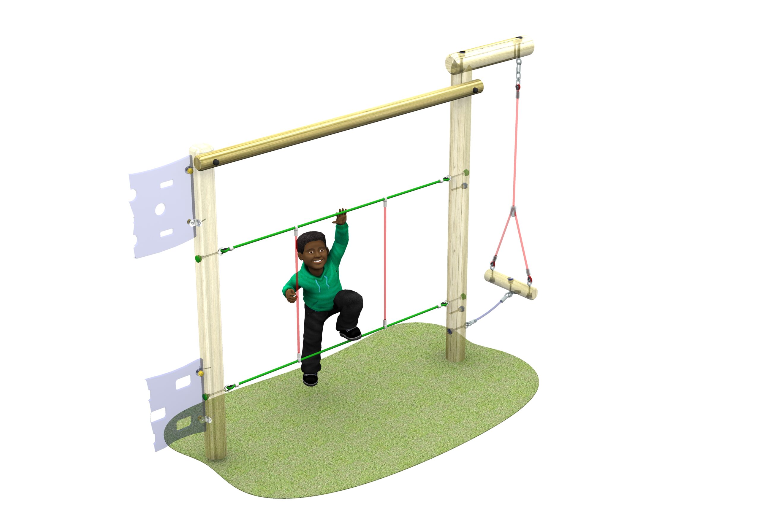 A child climbs on the Link H - Rope Walk playground structure, gripping the ropes between sturdy wooden posts with a small green mat underneath.