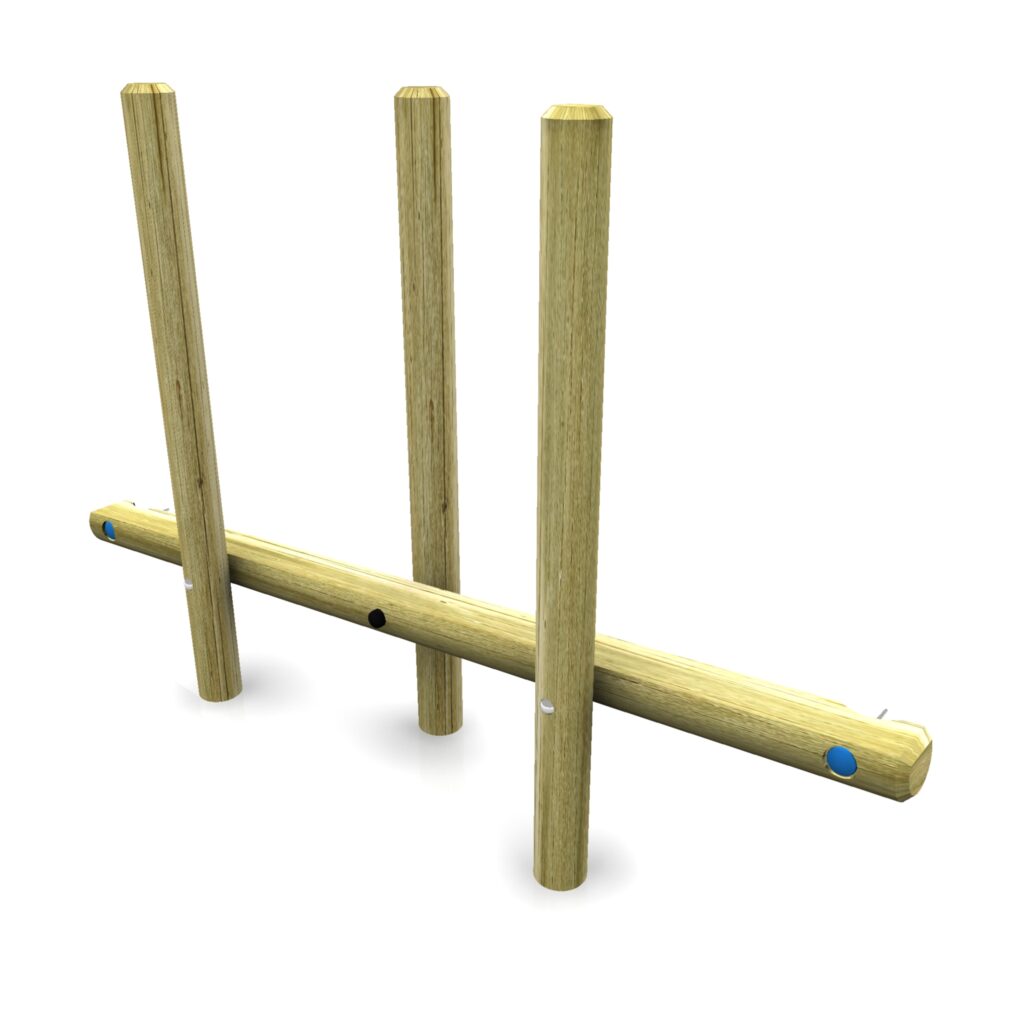 Three vertical wooden posts are attached to a horizontal wooden beam, featuring coloured circular markers, in a style reminiscent of an 1800 balance weaver, all set against a white background.