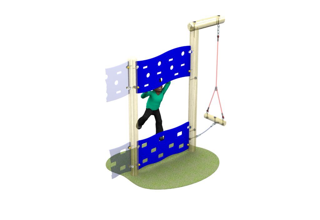 A person climbs on a Link Pathfinder structure with two blue perforated panels and a suspended wooden beam on a small green mat.