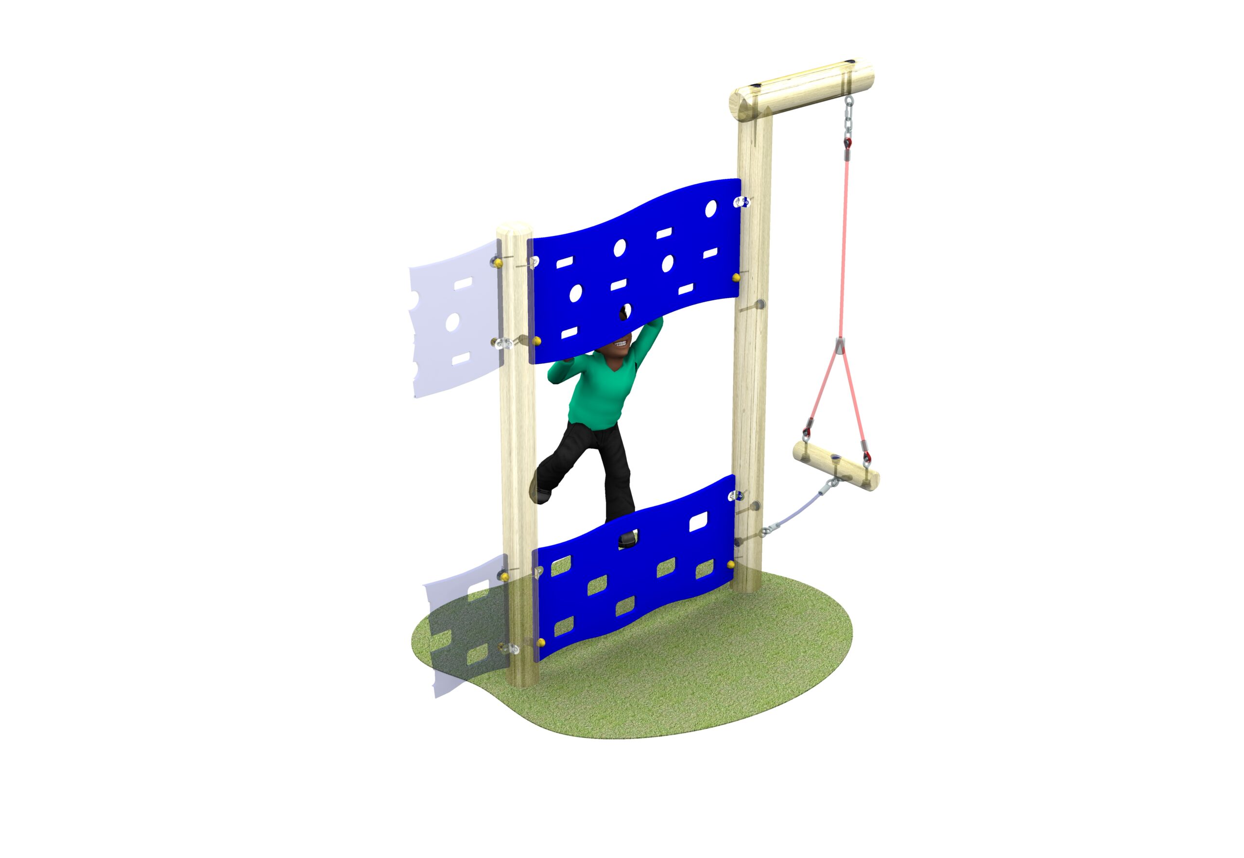 A person climbs on a Link Pathfinder structure with two blue perforated panels and a suspended wooden beam on a small green mat.