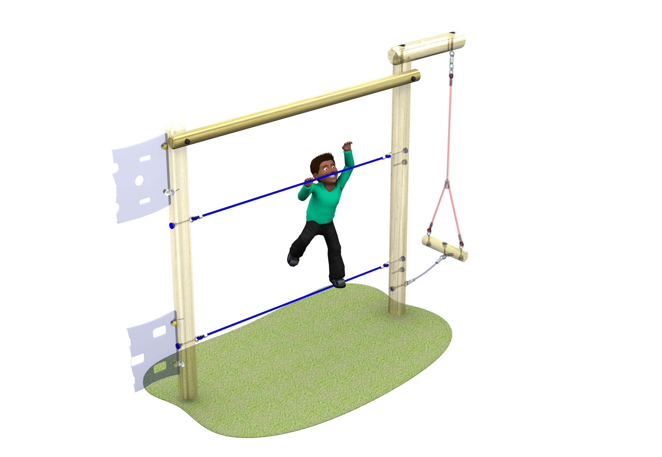 A person in a green shirt attempts a parallel rope walk on a blue slackline suspended between two wooden poles, with a trapeze swing attached to one pole.