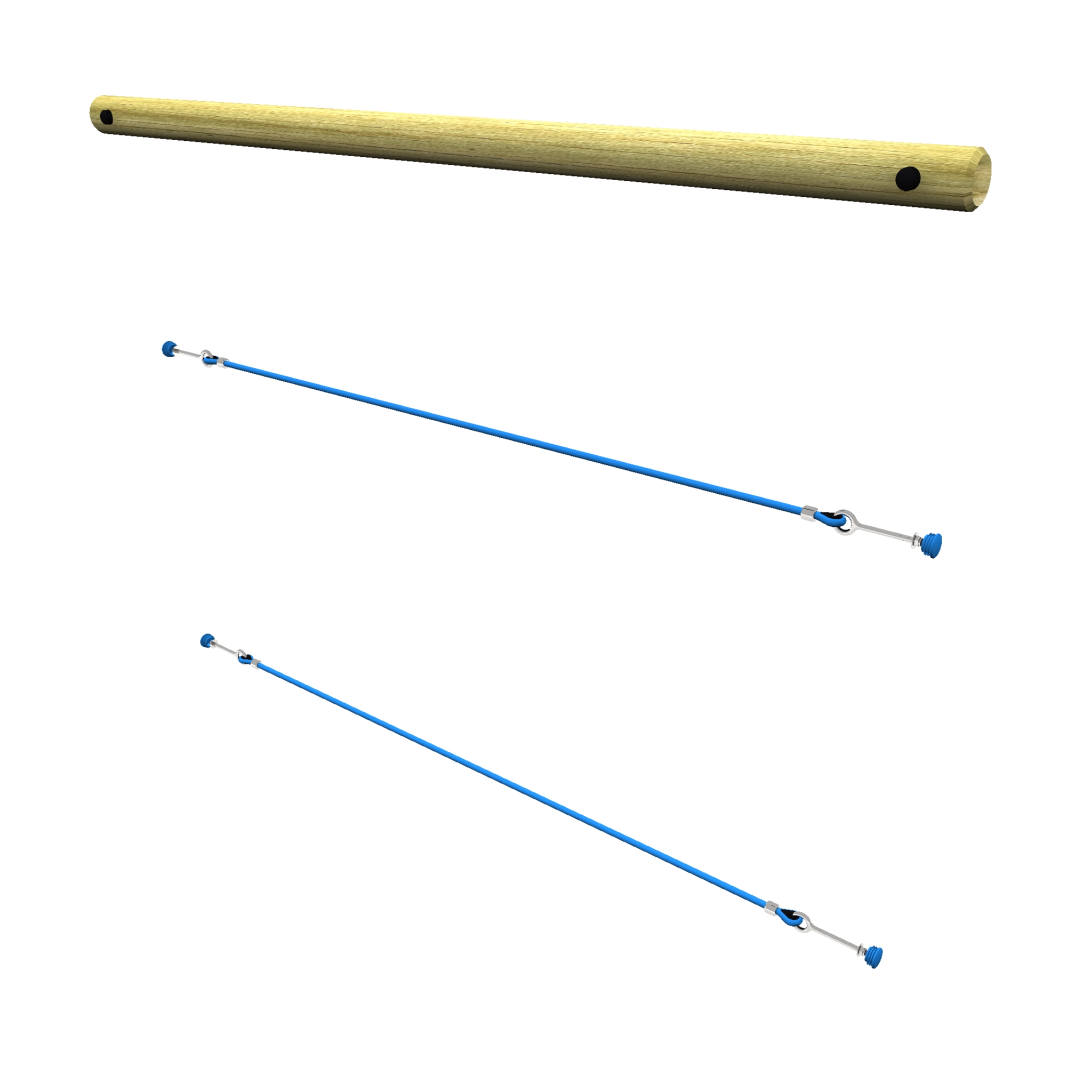 A wooden cylindrical rod and two blue Link Parallel Rope Walk tension rods with hooked ends and suction pads are shown against a white background.