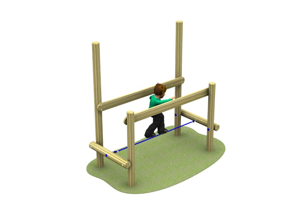 A child navigates a wooden Link Rope Crossing Bridge with horizontal beams and a rope, set on a grassy surface.