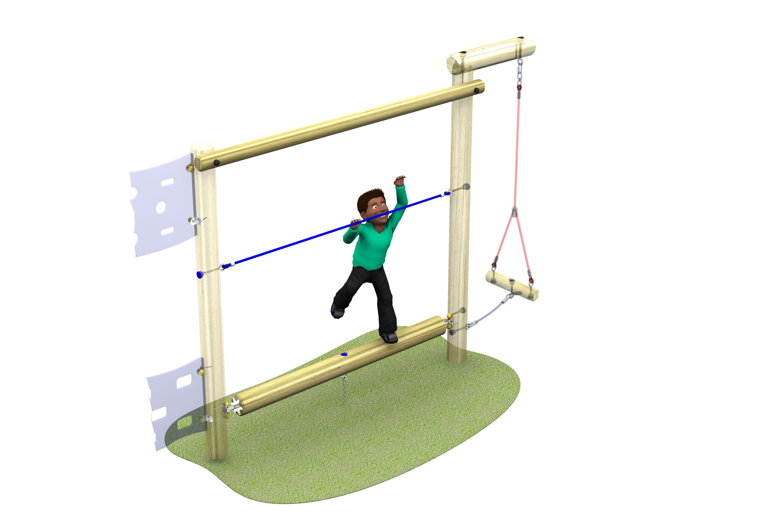 A person balances on a low wooden beam performing the Rock & Roll Log Walk whilst grasping a blue rope, with a wooden frame and additional ropes nearby on a grassy platform.