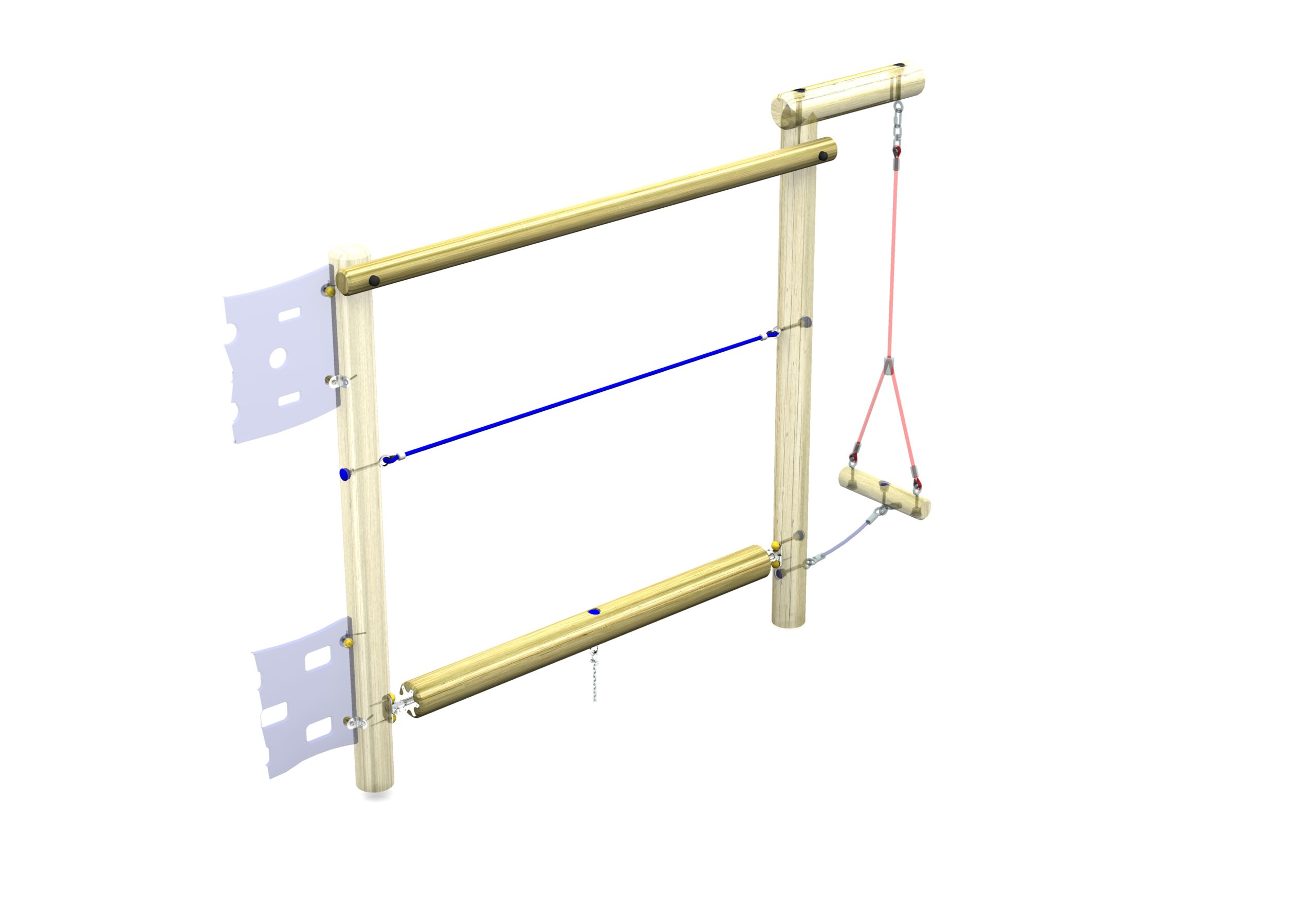 A wooden frame with metal brackets, a blue horizontal string, a red triangular rope handle, and a vertical chain creates the Link Rock & Roll Log Walk, isolated on a white background.
