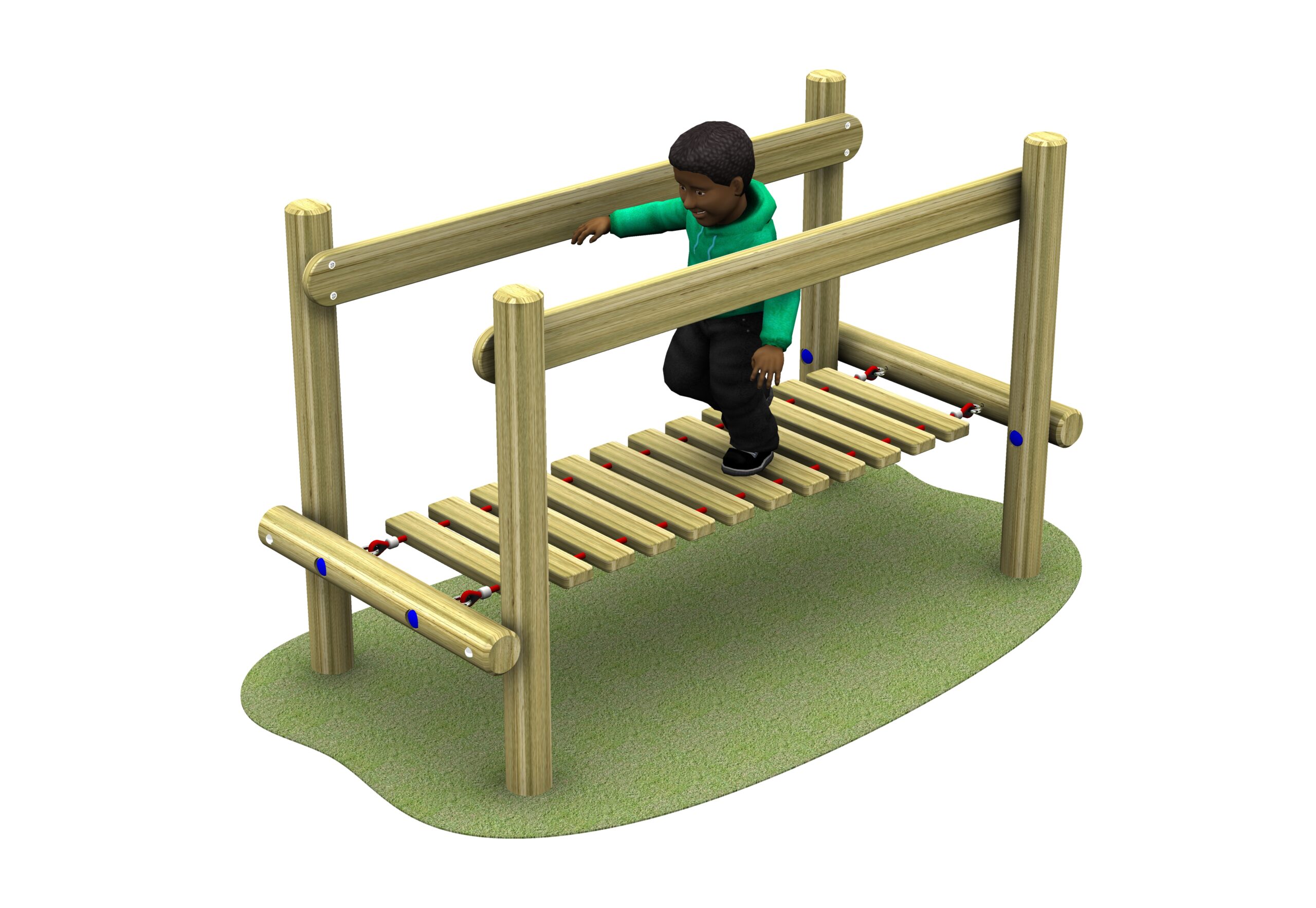 A child in a green hoody walks across the Clatter Bridge 2100, a wooden playground bridge structure set on a patch of green artificial grass.