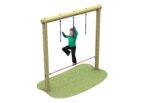 Wooden swing set frame with two upright posts, a horizontal crossbar, and three hanging ropes for Drop Rope Traverse 2100; a red line marks the distance between the base of the posts.