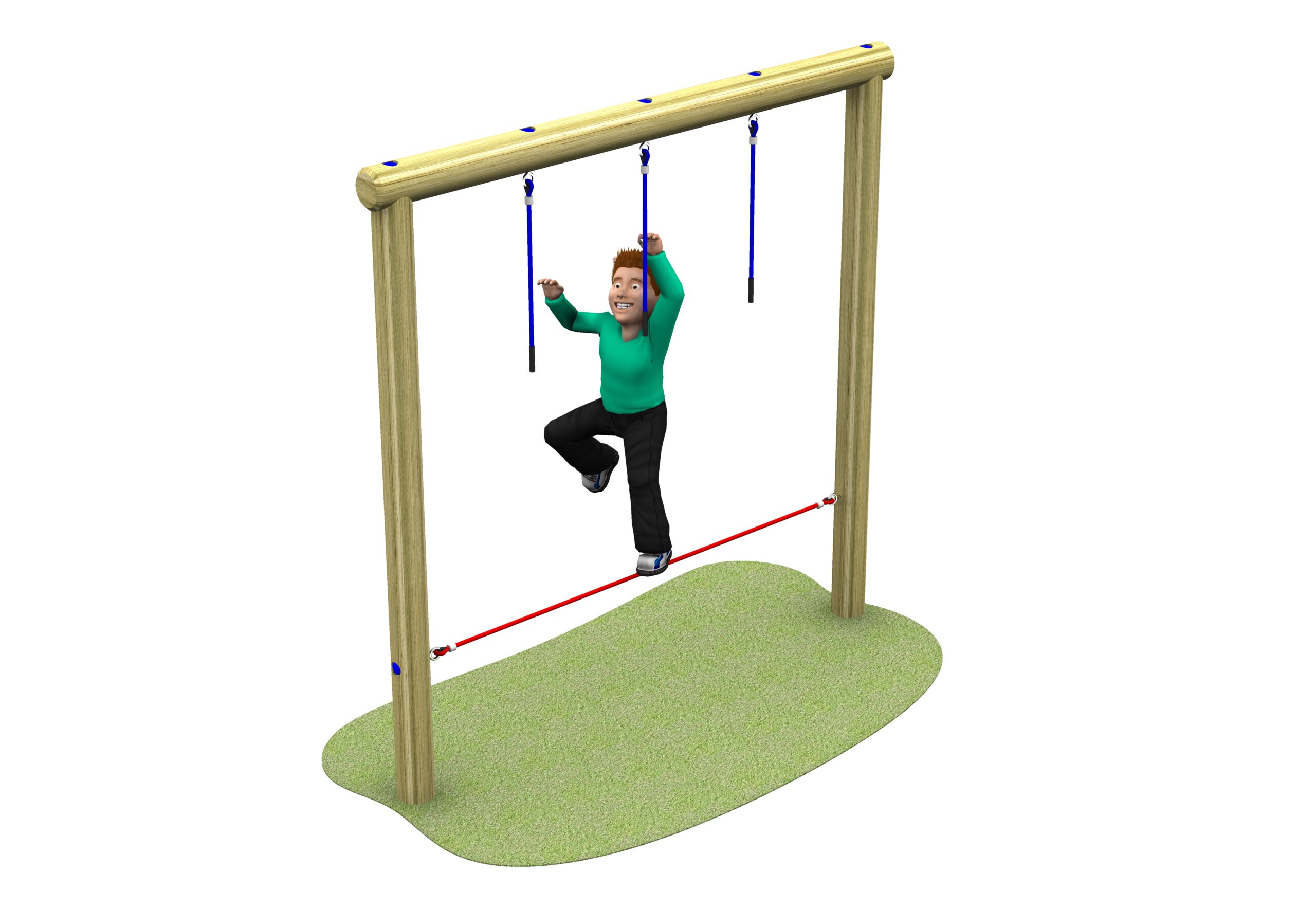 Wooden swing set frame with two upright posts, a horizontal crossbar, and three hanging ropes for Drop Rope Traverse 2100; a red line marks the distance between the base of the posts.