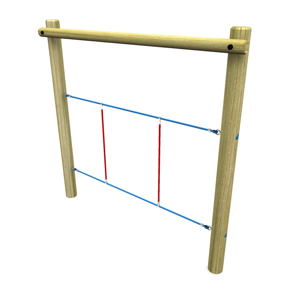 A wooden playground frame featuring the H-Rope Walk 2100, with two vertical red ropes and two horizontal blue ropes forming a dynamic climbing structure.