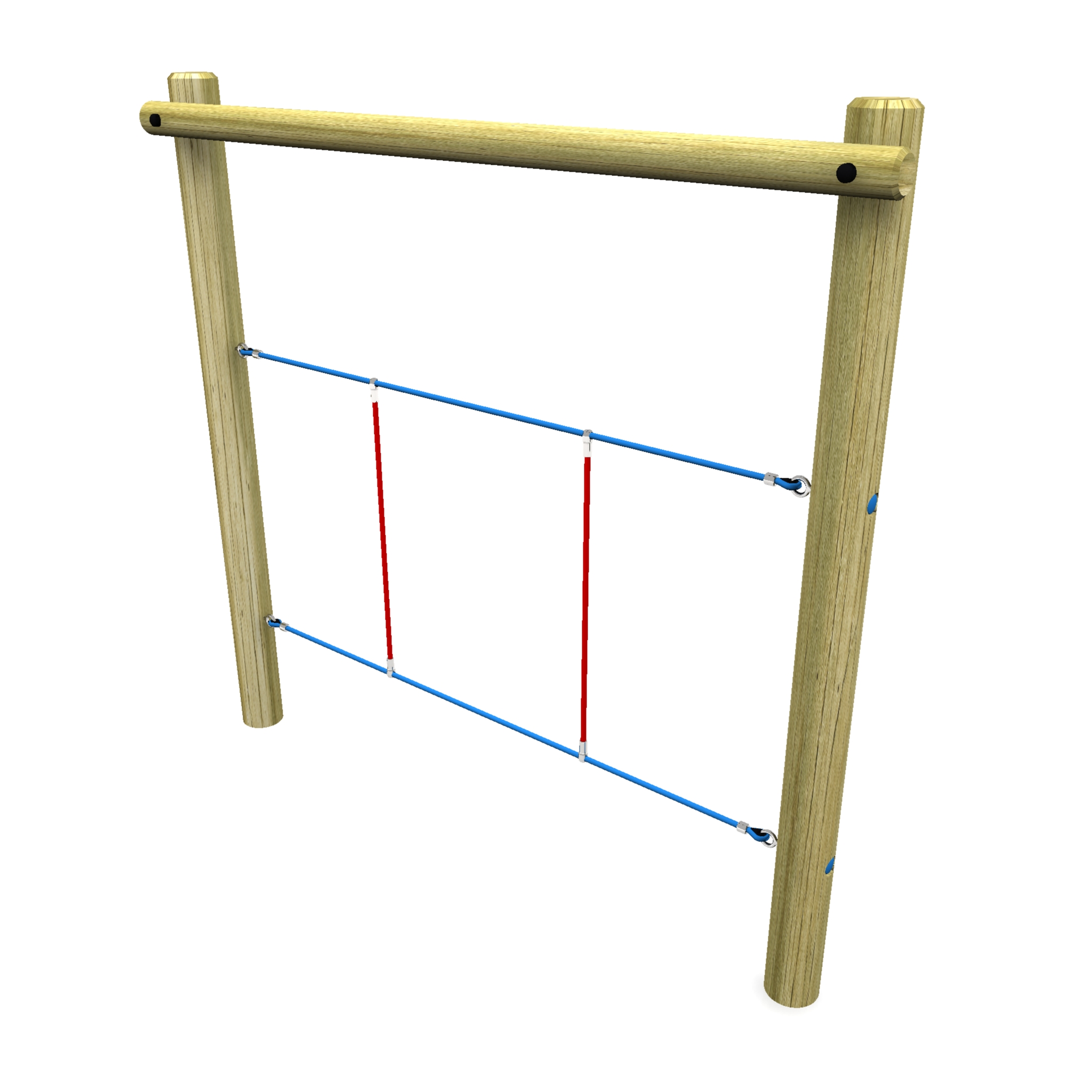 A wooden playground frame featuring the H-Rope Walk 2100, with two vertical red ropes and two horizontal blue ropes forming a dynamic climbing structure.