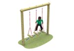 Wooden swing set with three suspended log seats, similar to the Log Traverse 2100, each hanging by red and blue ropes from a horizontal wooden beam.