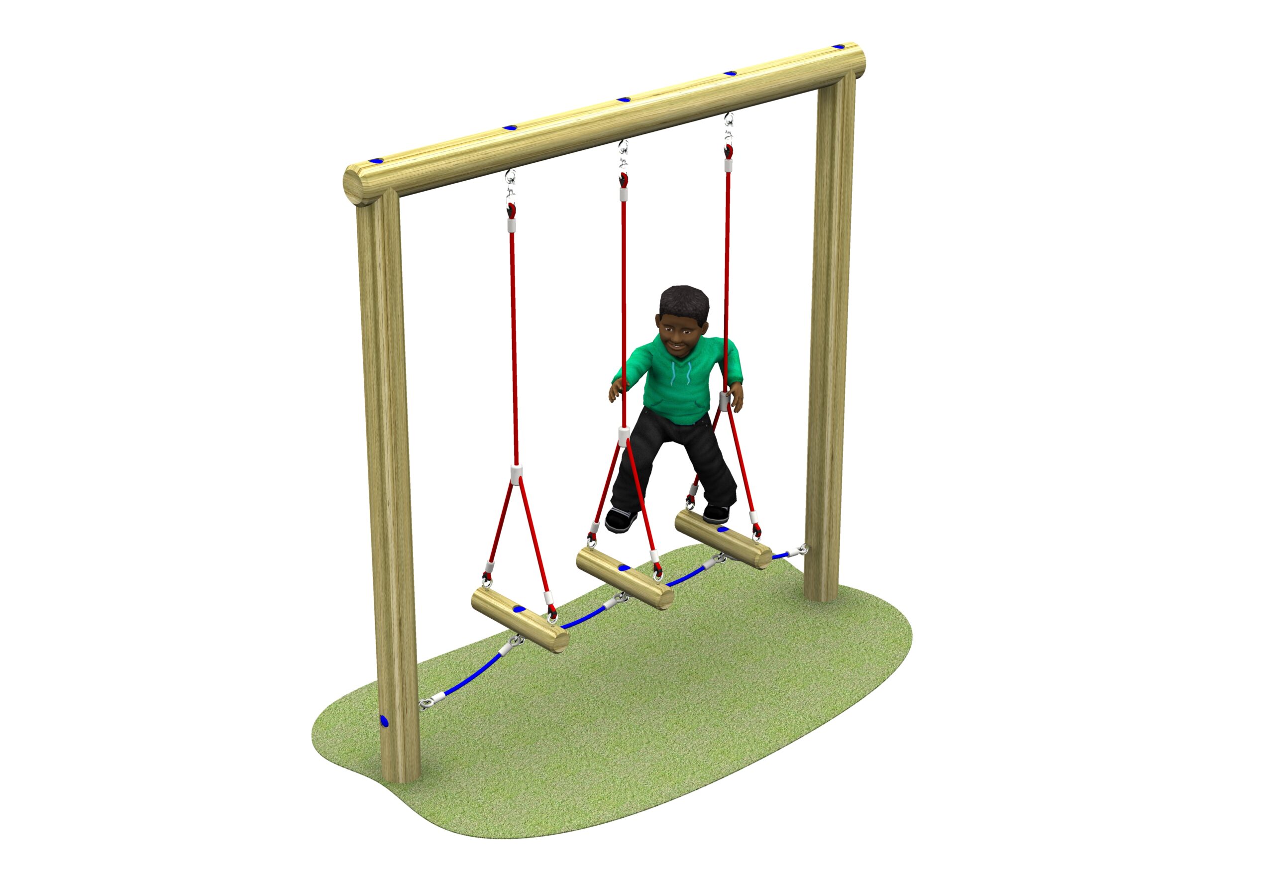 Wooden swing set with three suspended log seats, similar to the Log Traverse 2100, each hanging by red and blue ropes from a horizontal wooden beam.