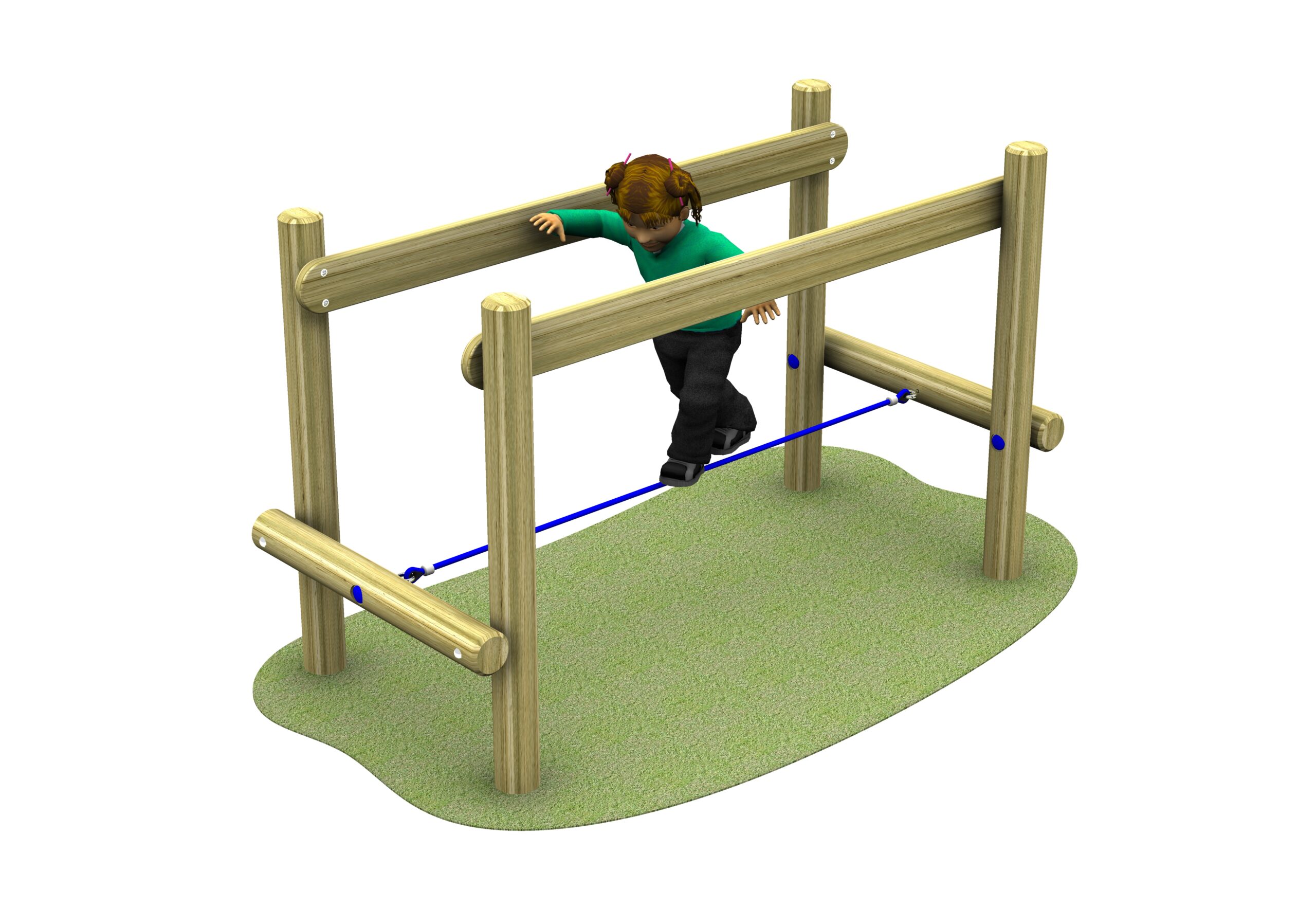 A child steps over a blue Rope Crossing Bridge 2100, supported by a wooden frame structure on a patch of artificial grass.