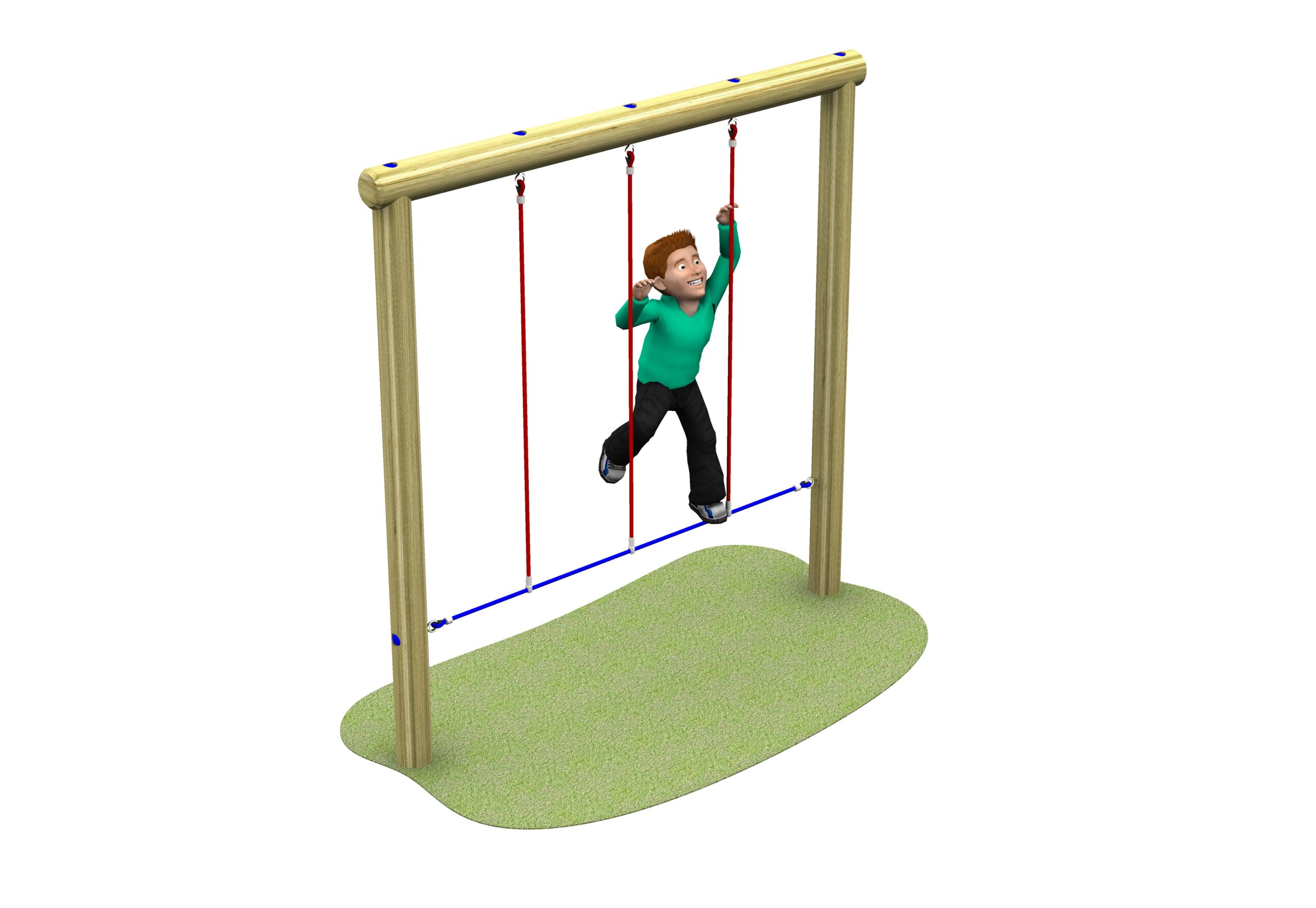 The Rope Weaver 2100 is a wooden frame structure featuring four vertical red ropes hanging from the top beam and a blue horizontal bar near the base.