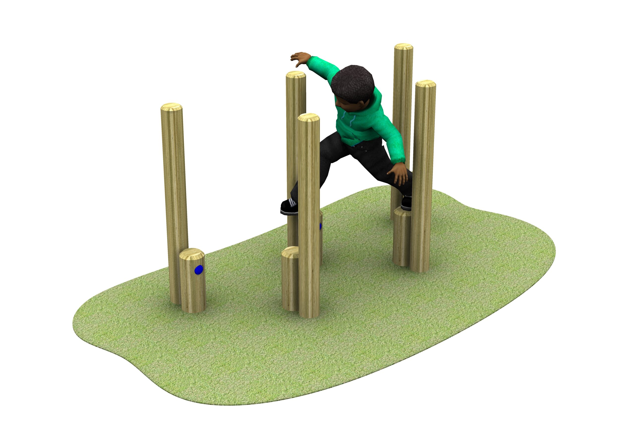 A child in a green hoodie balances on the Walk and Stretch 2100's wooden posts, each set at different heights on a patch of artificial grass.