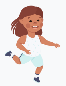 Illustration of a smiling child with brown hair, wearing a white sleeveless shirt, light blue shorts, and trainers, running with one arm outstretched—perfect for inspiring small playground ideas.