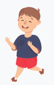 Illustration of a smiling young boy with brown hair, wearing a dark blue shirt, red shorts, and brown shoes, walking with one hand raised—perfect for inspiring small playground ideas.