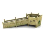 Wooden playground structure with a long ramp, vertical slatted railings, circular cut-out windows, and a hexagonal enclosed area at one end—500 The Island is viewed from above on a white background.