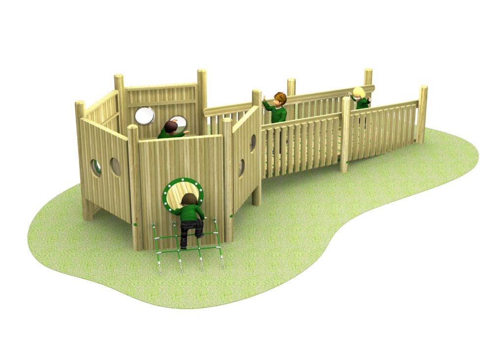Wooden playground structure with a long ramp, vertical slatted railings, circular cut-out windows, and a hexagonal enclosed area at one end—500 The Island is viewed from above on a white background.