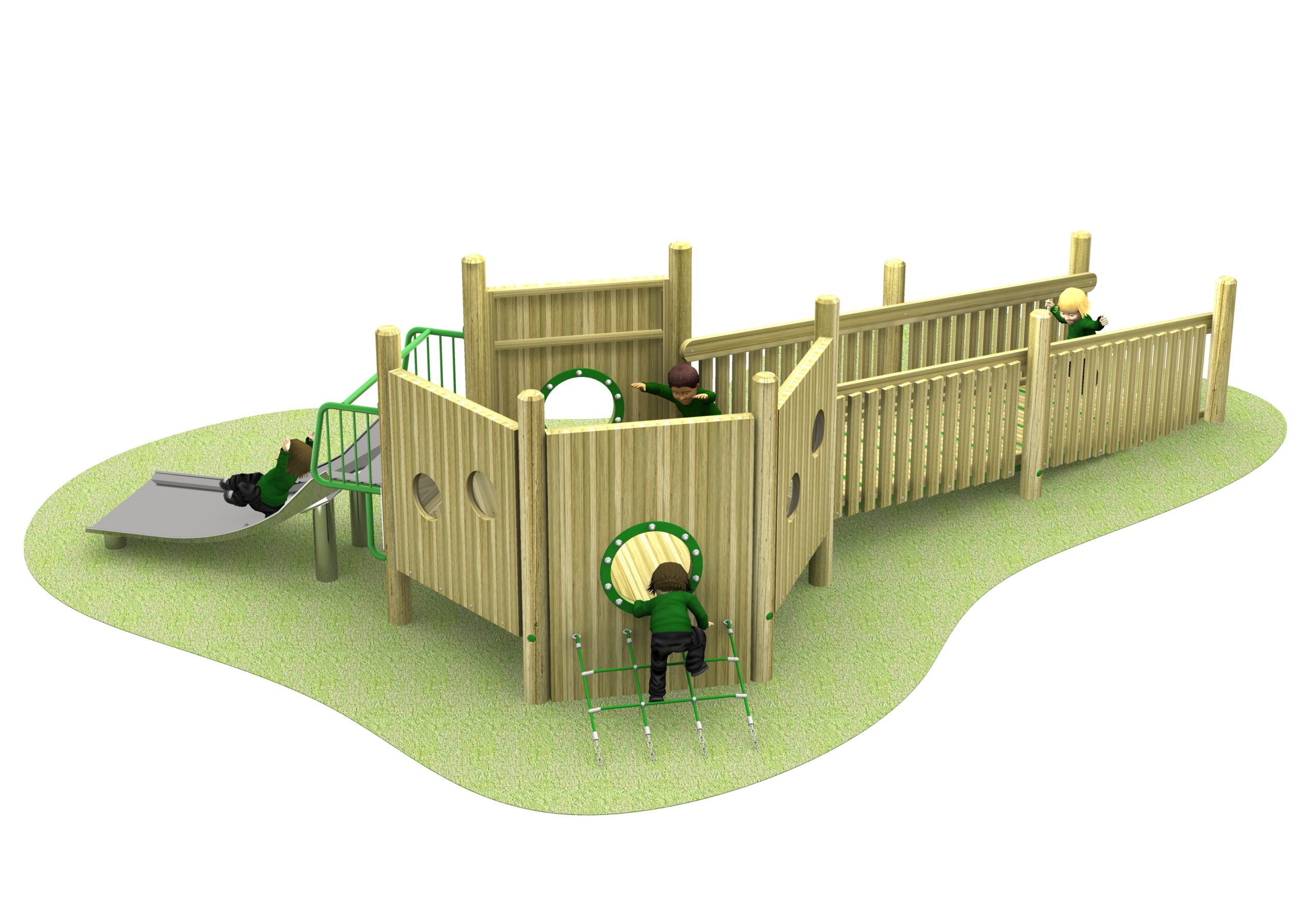 500 The Island with steel slide: Wooden accessible playground structure with a ramp, enclosed play area featuring circular cut-outs, and a steel slide on the right side.